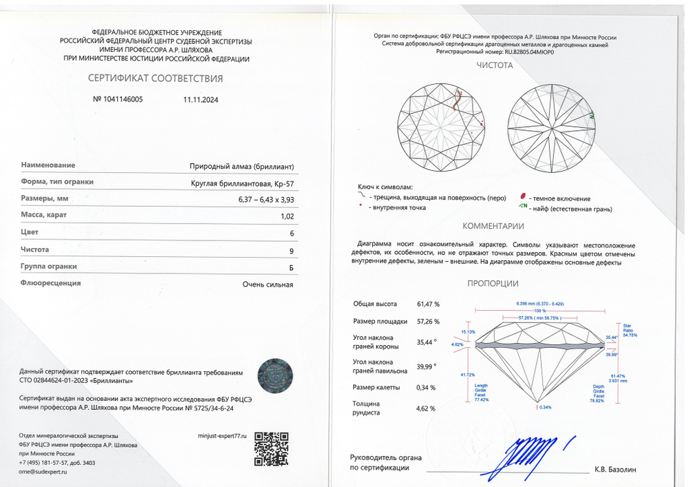 Бриллиант 1041146005 Кр-57-1,02-6/9 Б