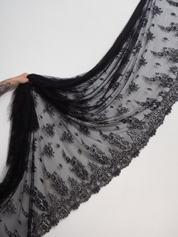 Кружево шантильи черное широкое неэластичное ширина 1,5 м купон 2.9 м