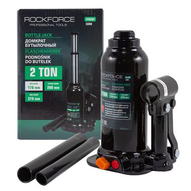 Домкрат бутылочный двухштоковый 2т с клапаном (высота подхвата - 170мм, высота подъема - 370мм, ход штока - 160мм) RockForce##Rock FORCE RF-TF0202(BR)(Euro)
