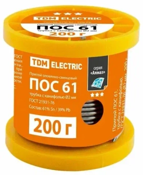 Припой ПОС 61, трубка с канифолью, ГОСТ 21931-76, d2мм, 200г, катушка, серия "Алмаз" TDM SQ1025-0308