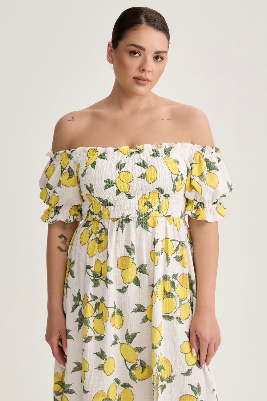 Платье с открытыми плечами из муслина, принт лимоны