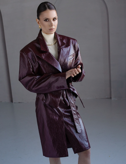 Юбка из эко-кожи с разрезом миди бордо