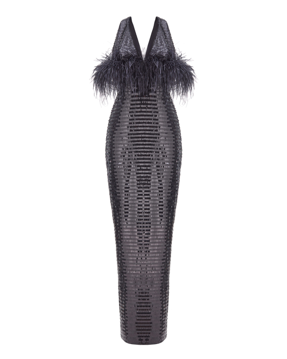 Платье макси из пайеток с бахромой