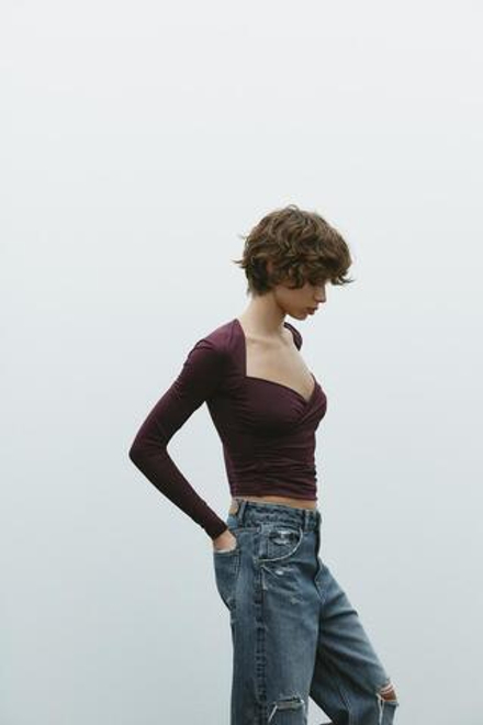 ZARA ТОП ИЗ ПОЛИАМИДА СО СБОРКАМИ, ВИННЫЙ