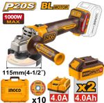 Аккумуляторная угловая шлифовальная машина (УШМ) INGCO CAGLI271532 INDUSTRIAL 20 В 115 мм 2x4 Ач