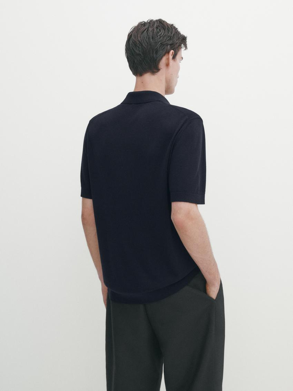 Massimo Dutti Футболка-поло из смесового трикотажа, темно-синий