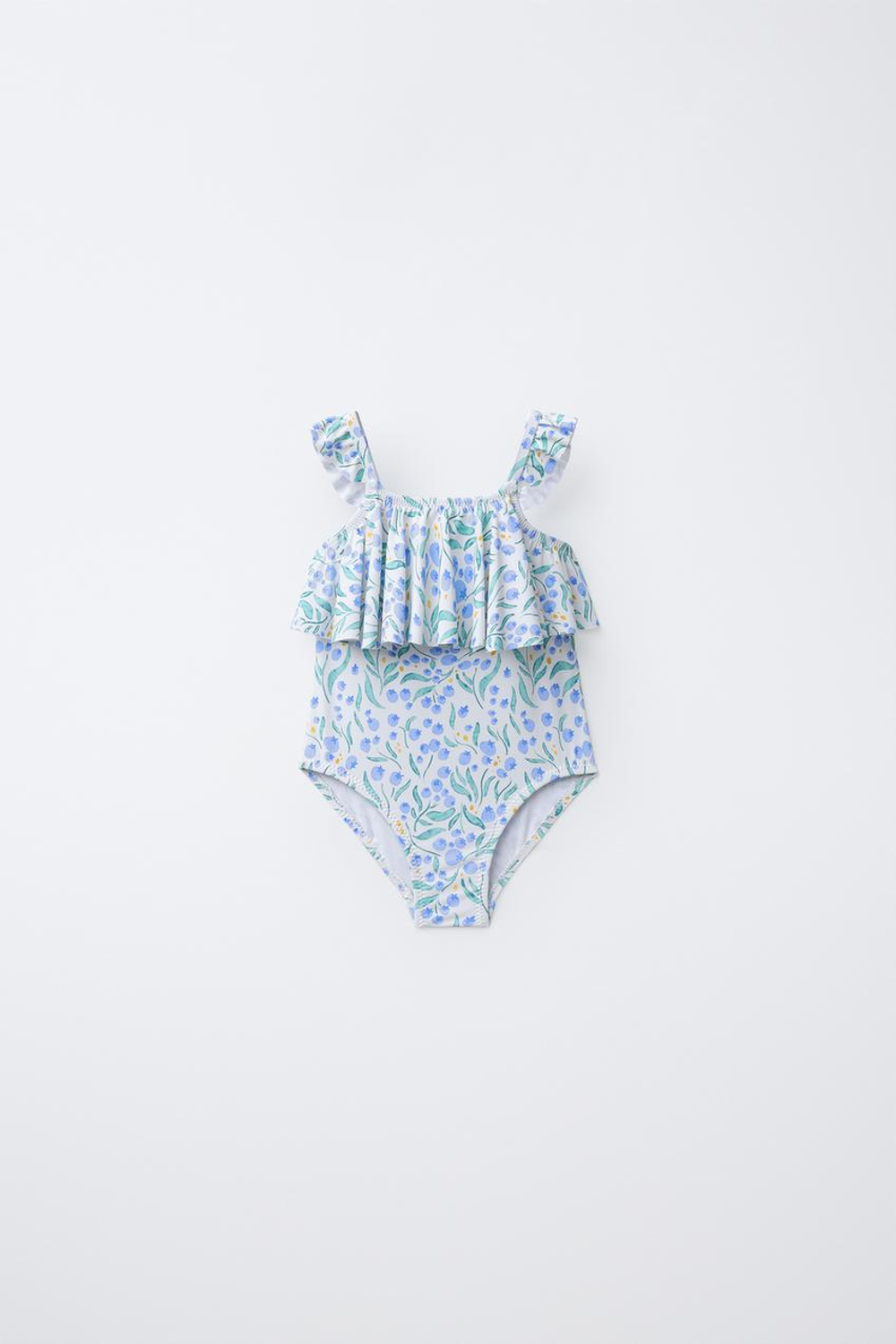 ZARA КУПАЛЬНИК С ВОЛАНАМИ И ПРИНТОМ В ВИДЕ ЛИСТЬЕВ, СИНИЙ