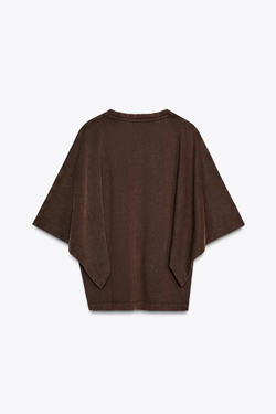 ZARA ФУТБОЛКА ИЗ ТКАНИ С ЭФФЕКТОМ ПОТЕРТОСТИ С ШИРОКИМИ РУКАВАМИ, КОРИЧНЕВЫЙ