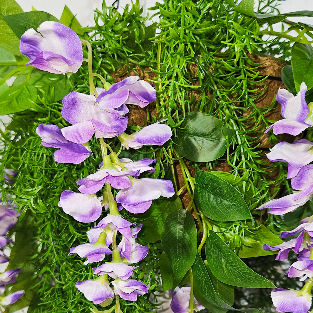 Искусственные цветы Акация бело-фиолетовая с зеленью в подвесном кашпо