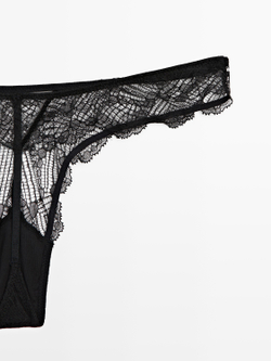 Massimo Dutti Трусы-танга из кружева с сетчатыми деталями, черный