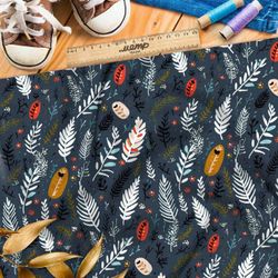 Ткань премиум интерлок белые веточки на сером