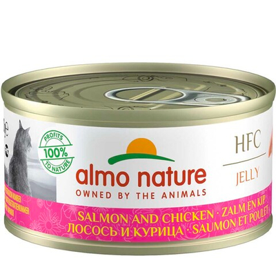 Almo Nature консервы для кошек "HFC Jelly" с лососем и курицей (55% мяса) (желе) 70 г банка