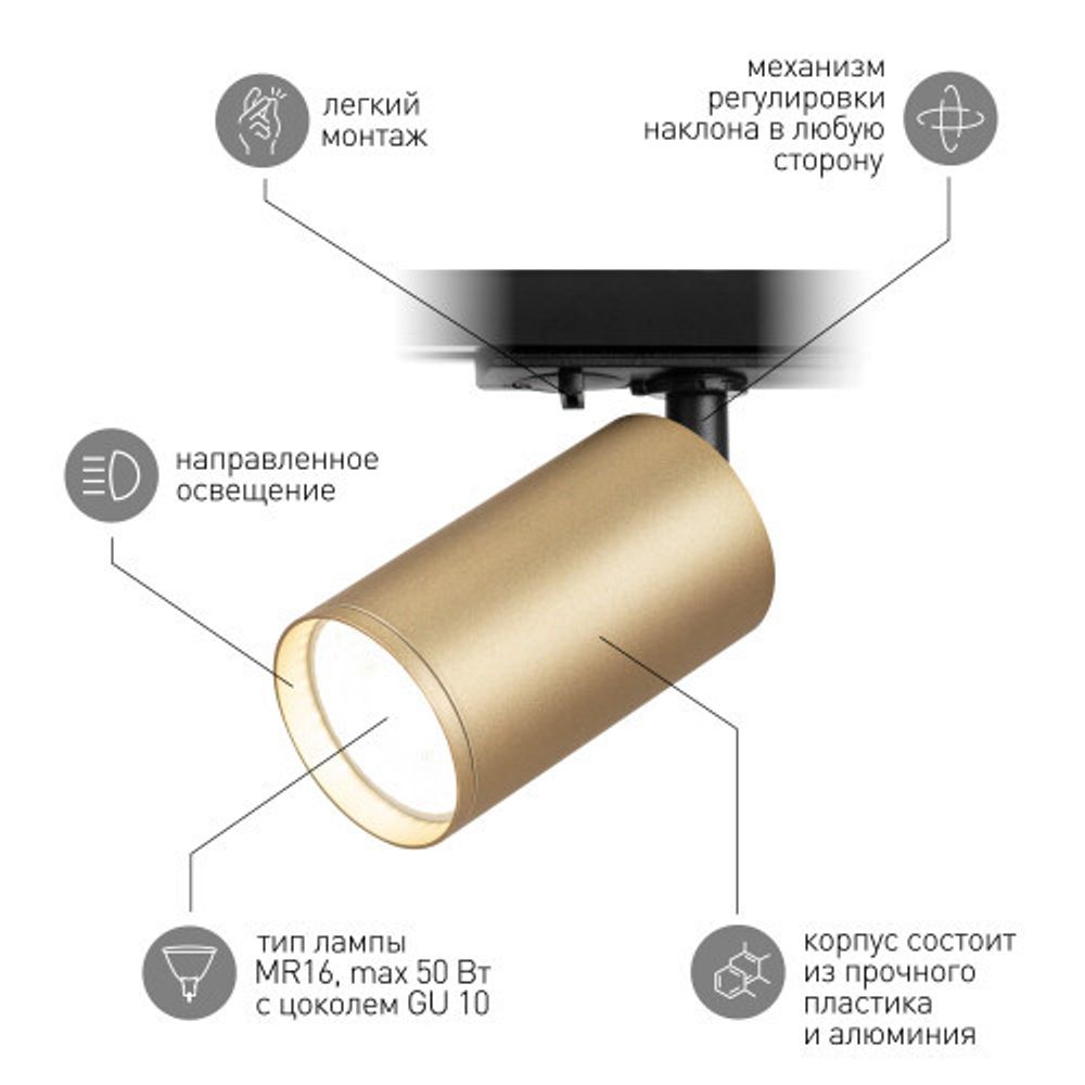 Трековый светильник однофазный ЭРА TR39-GU10 MG под лампу MR16 золото | Трековые светильники