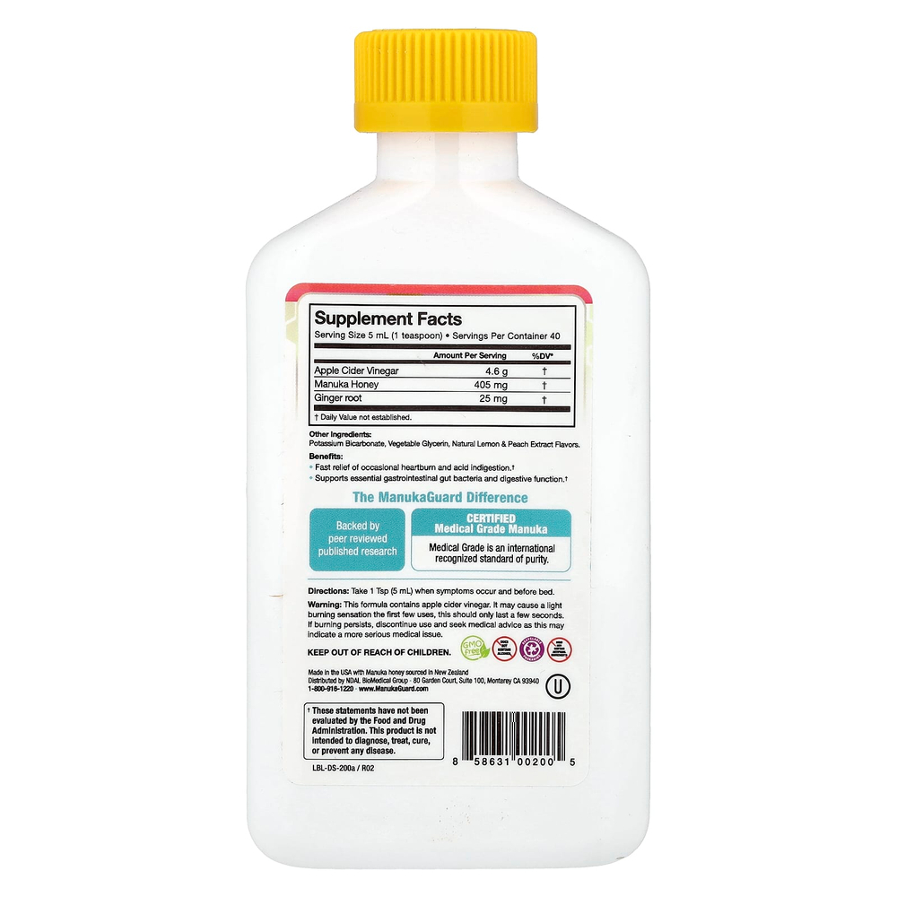 ManukaGuard, мед манука, натуральный мед манука, лимон и персик, 200 мл (6,8 унции)