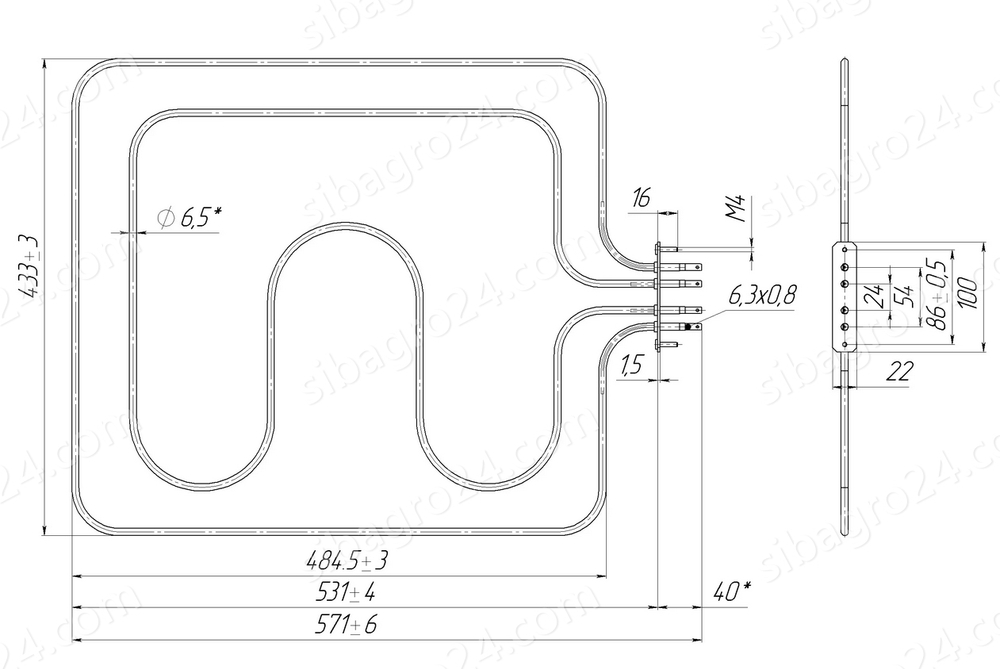 ТЭН 2,4 кВт, 230В В3-181/190-7,5-6,5/2,4 STILLAG