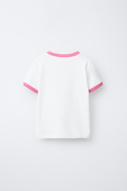 ZARA ФУТБОЛКА В РУБЧИК С КОНТРАСТНЫМ ТЕКСТОМ, ПАСТЕЛЬНО-РОЗОВЫЙ