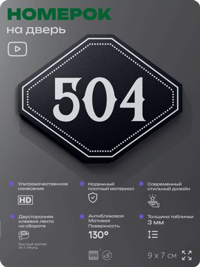 Номерок на дверь квартиры 504, для кабинета, офиса, шильдик 9 х 7 см, черный, Айдентика Технолоджи