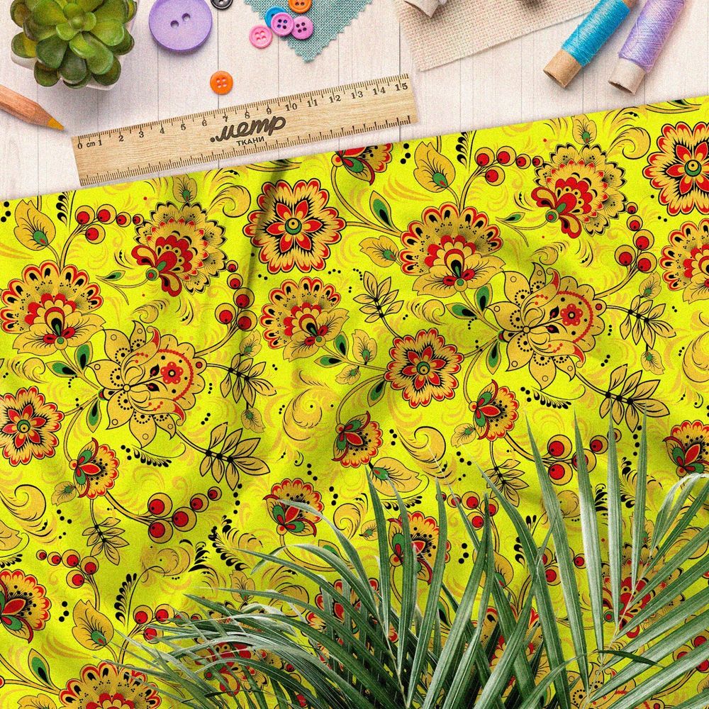 Ткань ниагара хохломские узоры на жёлтом