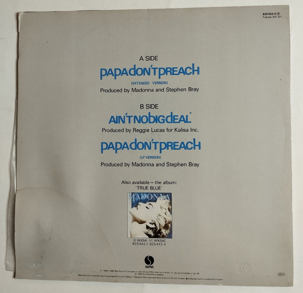 Винтажная виниловая пластинка LP Madonna Papa Dont Preach (Extended Version) 45 RPM (Germany 1986)