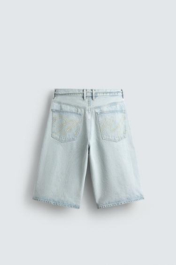 ZARA ДЖИНСОВЫЕ ШОРТЫ BAGGY С ВЫШИВКОЙ, ГОЛУБОЙ