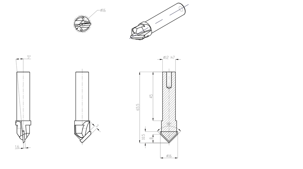 PCD концевая фреза D.16x10,5 S.12x45 Z1