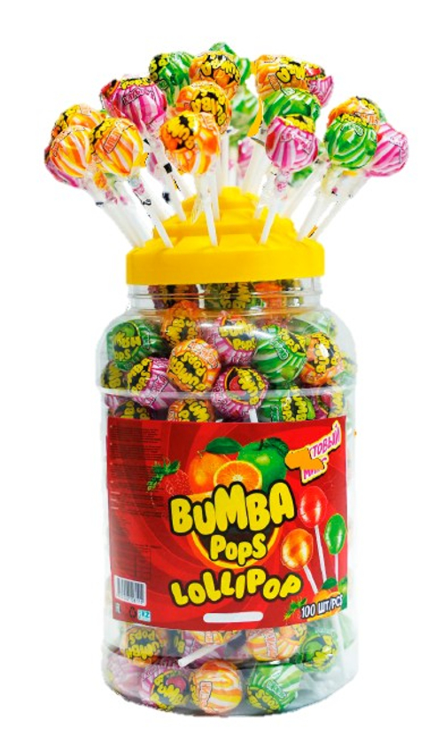 Леденцы карамельные на палочке "Bumba Pops", 14 г * 100 шт * 6 банок