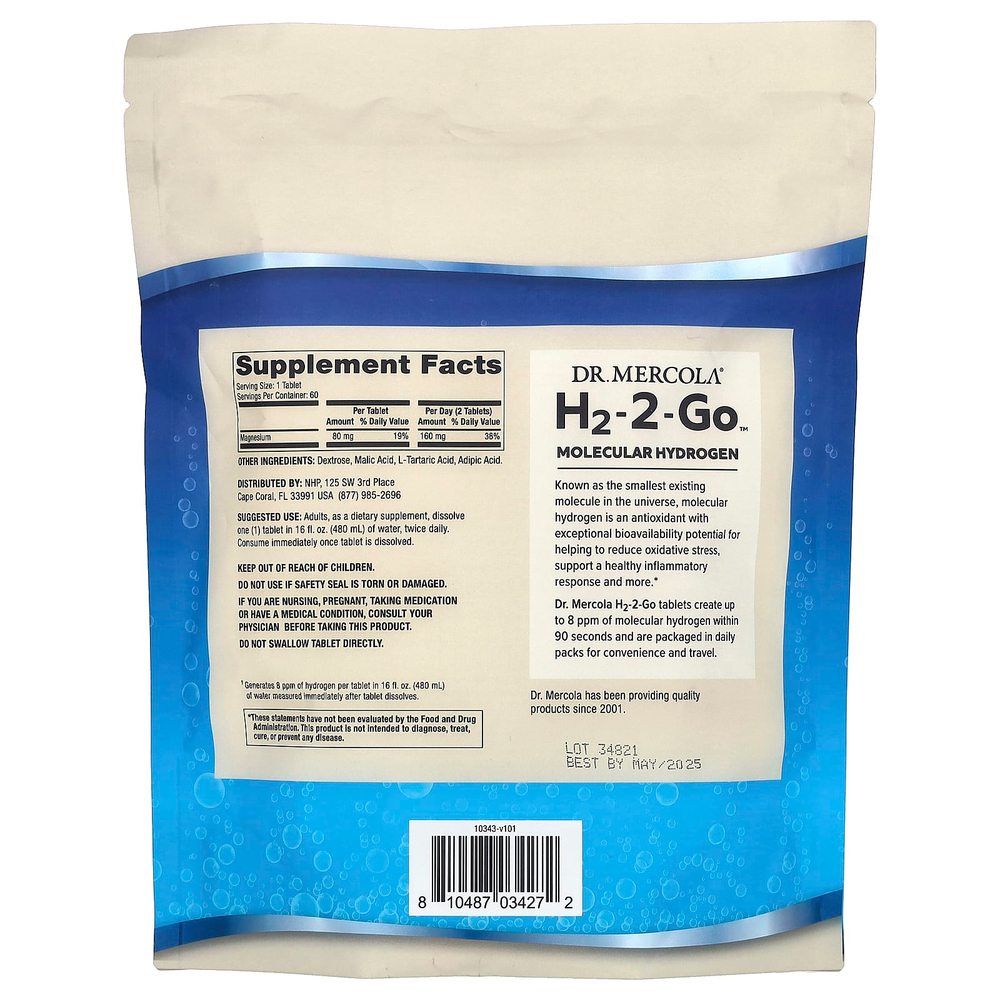 Dr. Mercola, H2-2-Go, молекулярный водород, 30 двойных пакетиков, 60 таблеток