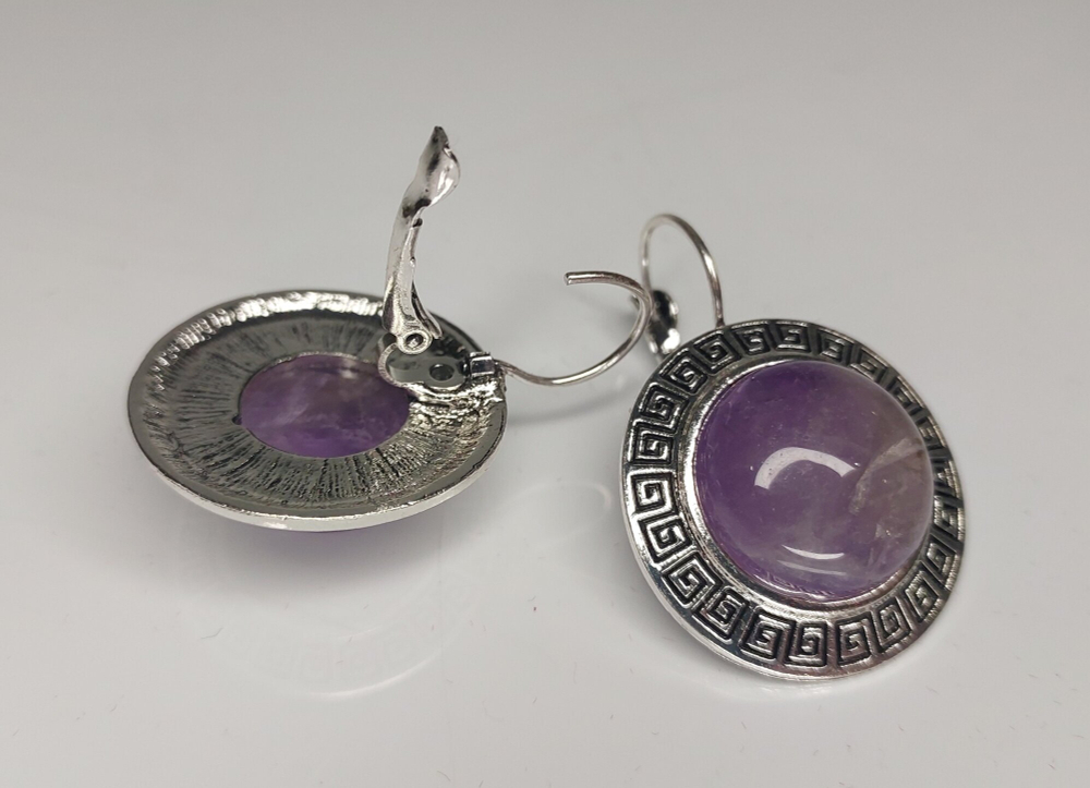 Комплект бижутерии подвеска, цепь, браслет, серьги Аметист Круг.(натуральный камень, бижутерный сплав)