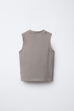 ZARA ОДНОТОННАЯ ФУТБОЛКА БЕЗ РУКАВОВ С НАШИВКОЙ, СЕРО-КОРИЧНЕВЫЙ