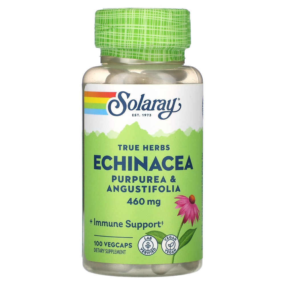Solaray, True Herbs, эхинацея, пурпурная и узколистная, 100 растительных капсул