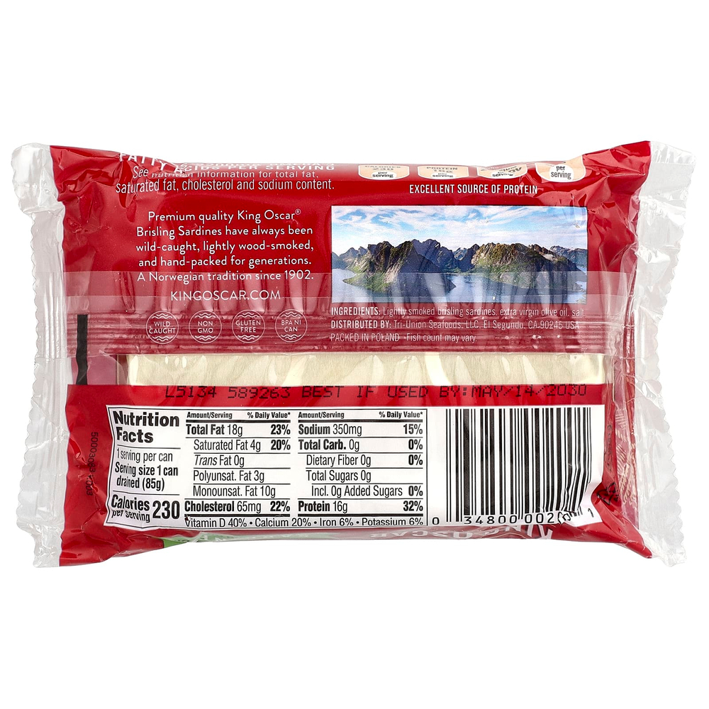 King Oscar, сардины дикого улова в нерафинированном оливковом масле высшего качества, для двух слоев, 106 г (3,75 унции)