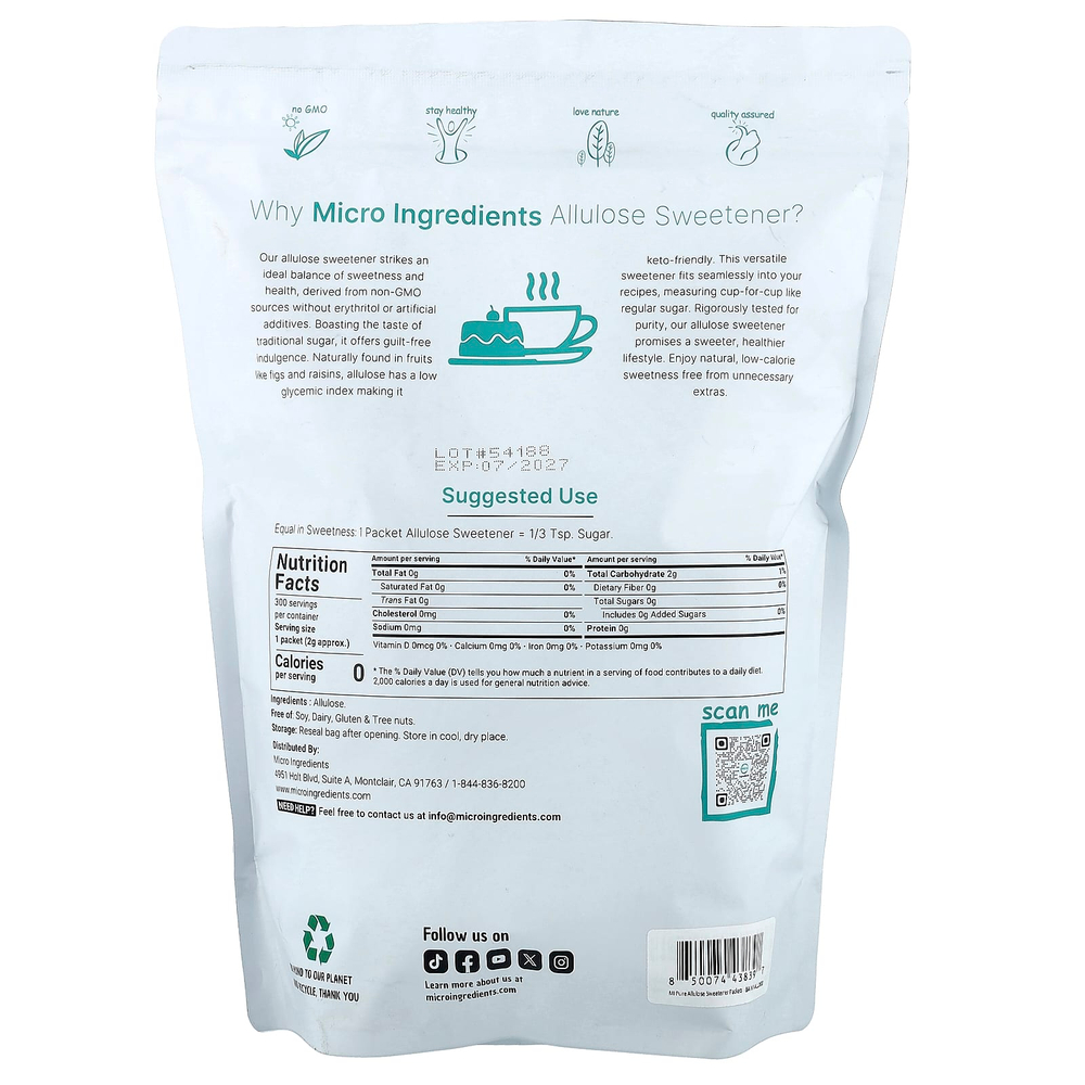Micro Ingredients, подсластитель "аллюлоза", 300 пакетиков, по 2 г (0,07 унции)