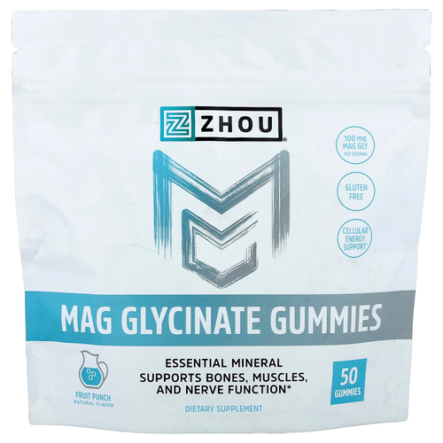 Zhou Nutrition, жевательный глицинат магния, со вкусом фруктового пунша, 50 жевательных таблеток (50 мг в 1 жевательной таблетке)