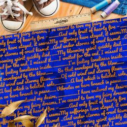 Ткань шифон оранжевая английская поэзия на синем фоне