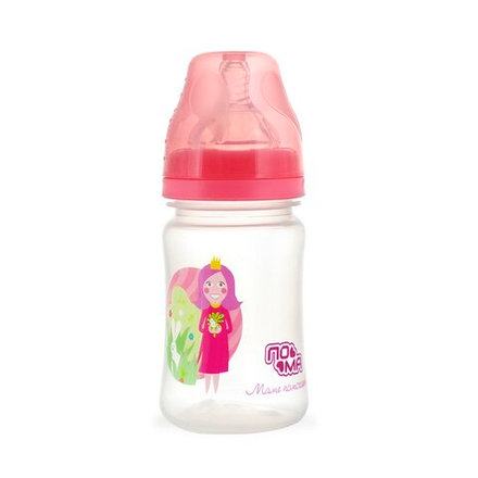 Бутылочка пластиковая с широким горлом с силиконовой соской со средним потоком ПОМА 150 мл. с 4 месяцев, розовый