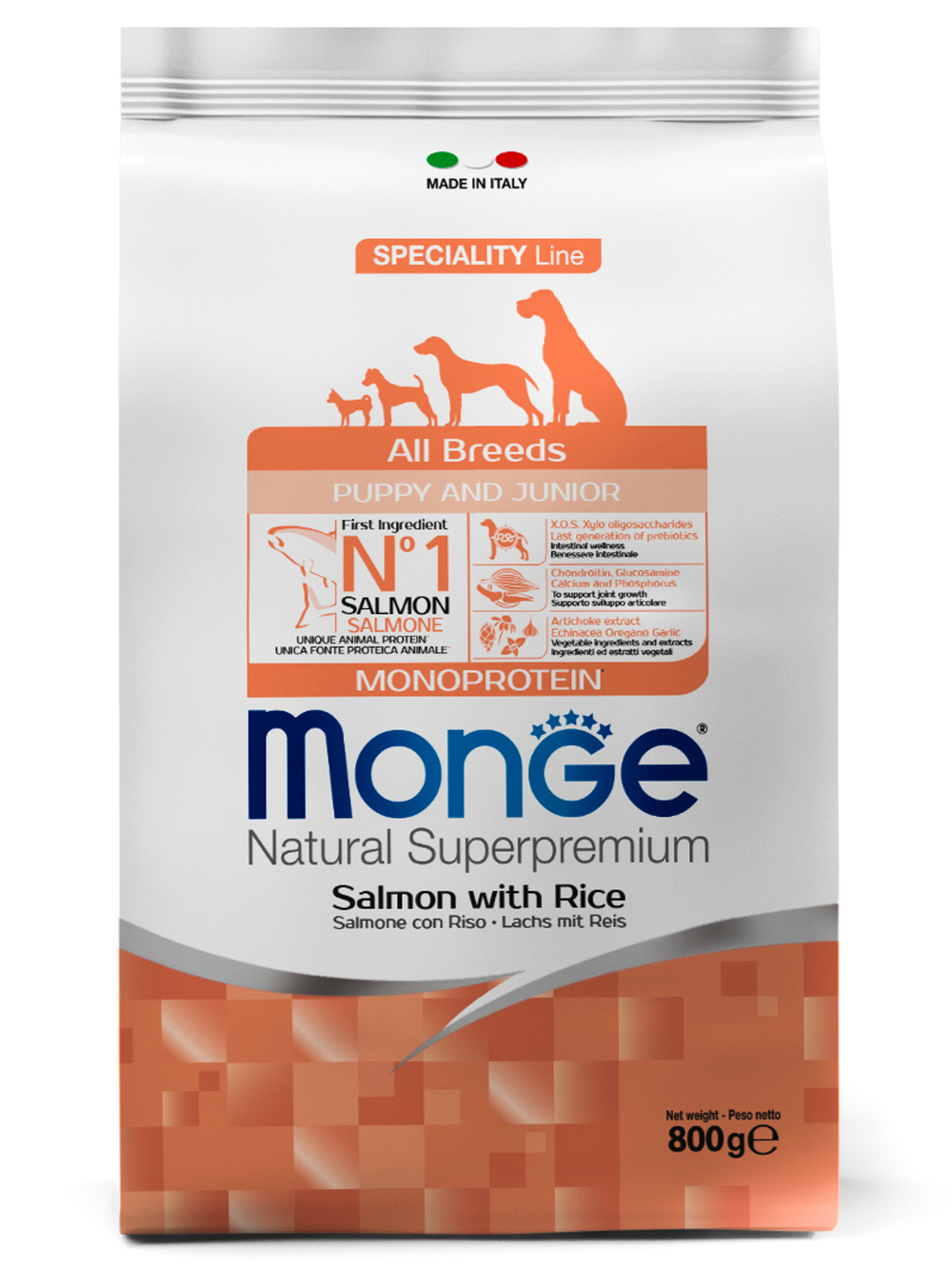 Monge Dog Monoprotein Puppy&Junior корм для щенков всех пород лосось с рисом 800г