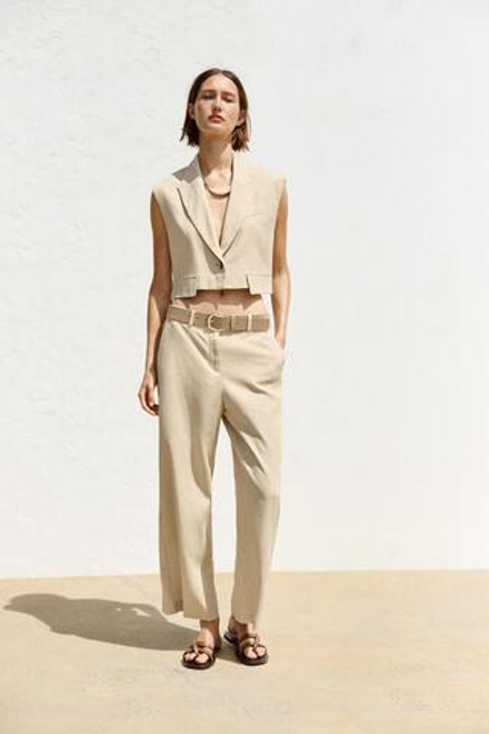 ZARA БРЮКИ-КЮЛОТЫ ИЗ СМЕСОВОГО ЛЬНА С РЕМНЕМ, СВЕТЛО-БЕЖЕВЫЙ