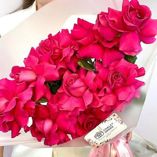 Монобукет из 9 розовых французских роз Пинк Флойд. Монобукет 054 Chalet Green