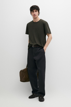 Massimo Dutti Футболка из 100% хлопка с декоративными деталями на плечах, темно-зеленый
