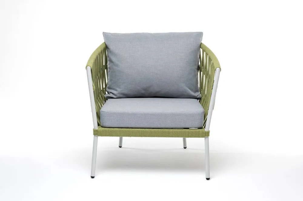 "Диего" кресло плетеное из роупа, каркас алюминий светло-серый (RAL7035) муар, роуп салатовый меланж круглый, ткань светло-серая
