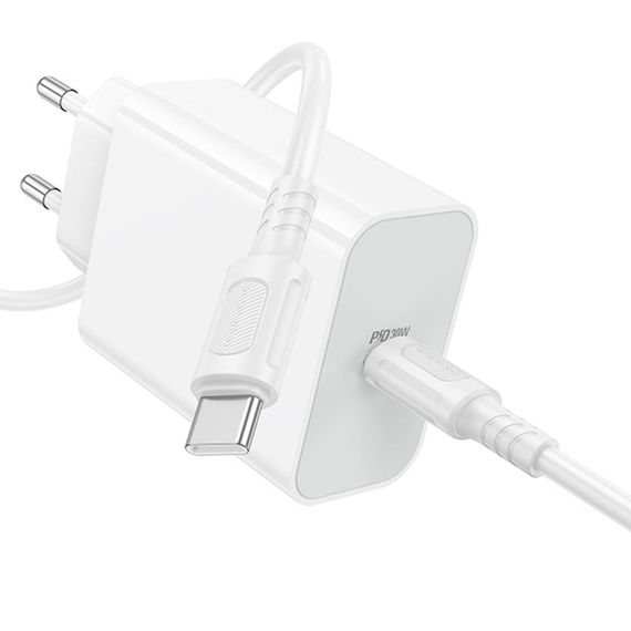 Adapter СЗУ (Сетевое зарядное устройство) BOROFONE BA107A с кабелем Type-C - Type-C, 30W, 1 USB Type C, PD30W, QC3.0, длина 1 метр, цвет белый