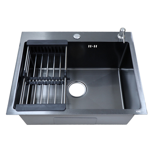 Кухонная мойка AZARIO NICOLE 500х500х220 нержавеющая сталь, в комплекте сифон, диспенсер, коландер, черная соты (AZB5050H)