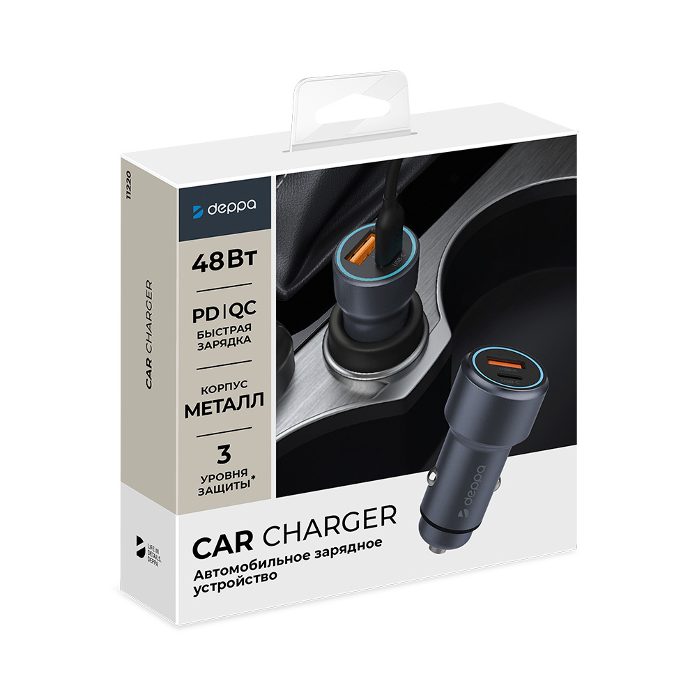 Автомобильное зарядное устройство USB A + USB-C, 48Вт, 3А, PD, QC, серый