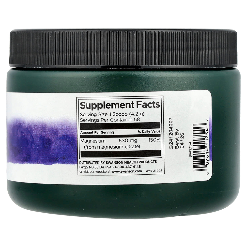 Swanson, 100% чистый цитрат магния, без добавок, 630 мг, 244 г (8,6 унции)