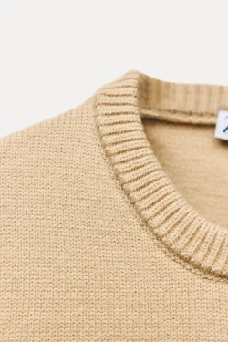 ZARA БАЗОВЫЙ ОДНОТОННЫЙ ТРИКОТАЖНЫЙ ТОП С КОРОТКИМИ РУКАВАМИ, БЕЖЕВЫЙ