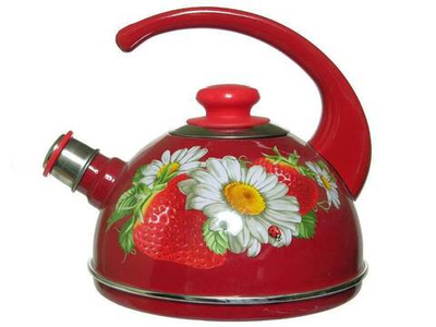 Чайник 2,5л со свистком, консольная ручка, бордо "Клубника с ромашкой"