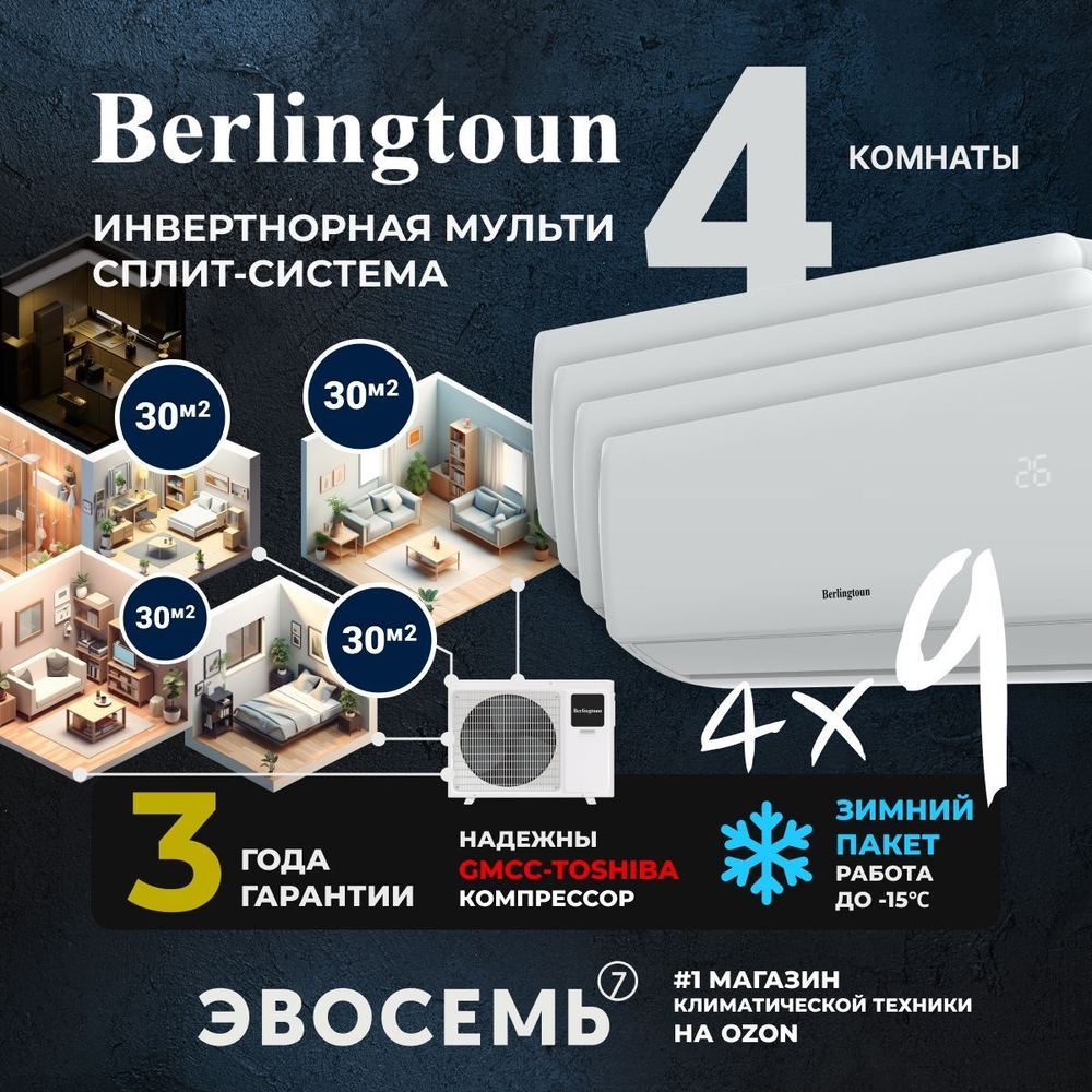 Инверторная мульти сплит-система Berlingtoun на 4 комнаты (30м2x4) BMO-36/4AIN1/BMI-09AIN1x4