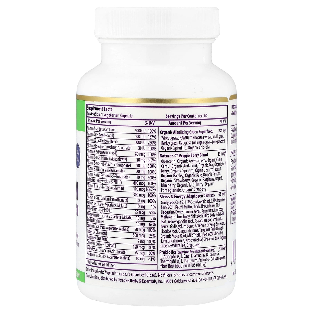 Paradise Herbs, Earth's Blend, ежедневные мультивитамины из суперпродуктов, без железа, 60 вегетарианских капсул