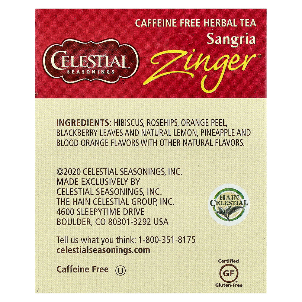 Celestial Seasonings, Herbal Tea, Sangria Zinger®, без кофеина, 20 чайных пакетиков, 42 г (1,5 унции)