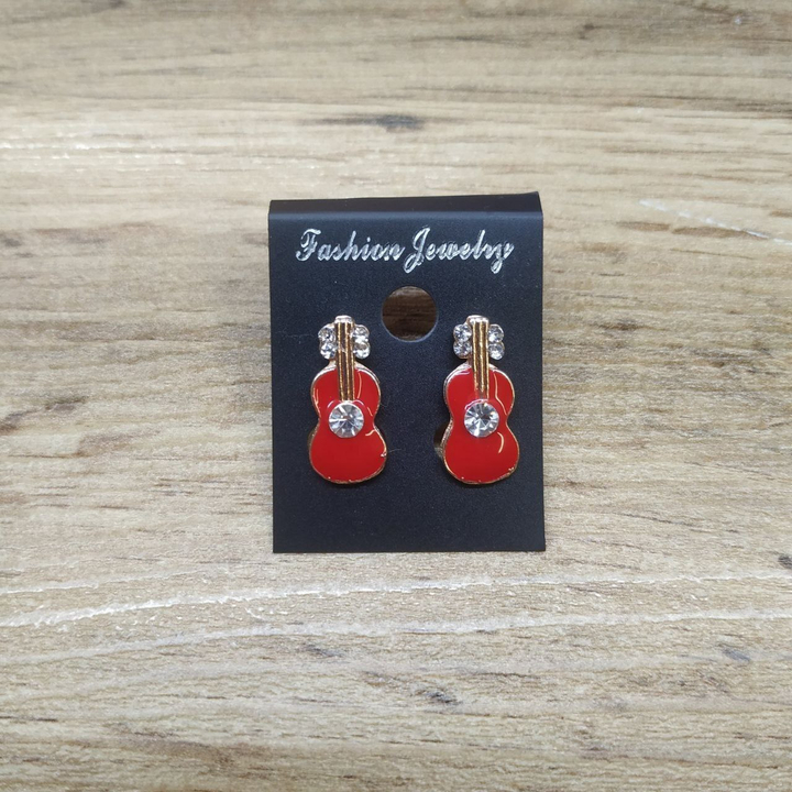 Серьги Small Гитара стразы  эмаль цветная цвет красный металл золотистый